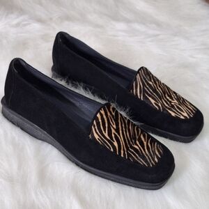 Stuart Weizmann Palomino Zebrette Pony Hair Square Toe Black Suede Loafer 7B